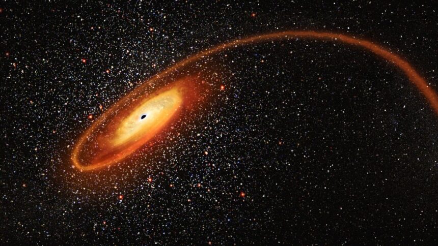 Black Holes: Dramatic visualization of a black hole surrounded by a glowing accretion disk, pulling in cosmic matter from space.