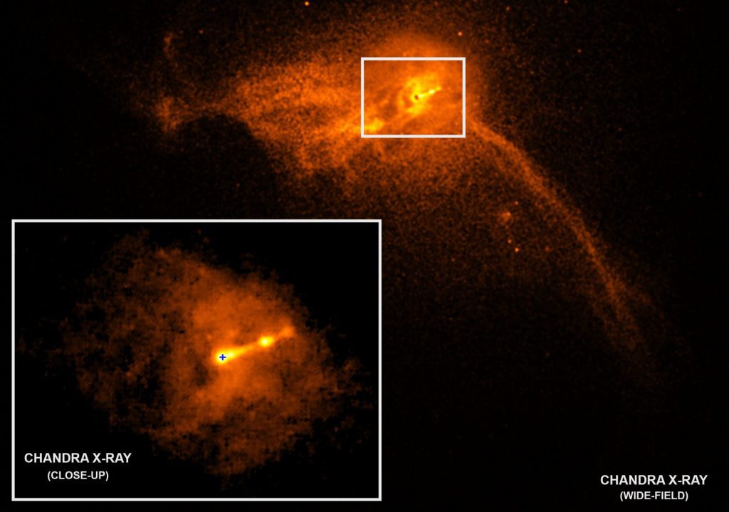 Chandra X-ray image of a black hole emitting high-energy jets, revealing its powerful gravitational influence in deep space.