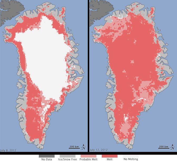 Glacier Melting during July 2012, images created by NASA