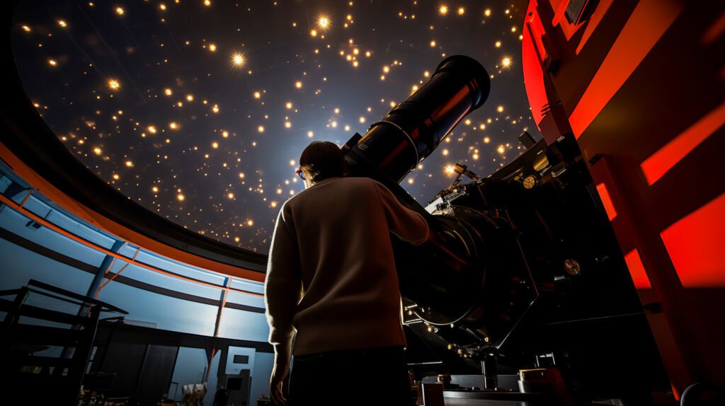Scientist using large telescope to study stars and exoplanets.