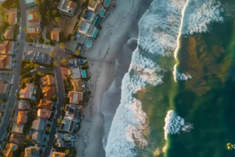 Coastal real estate in the U.S. facing rising sea levels and climate change challenges, with homes and businesses at risk of flooding.