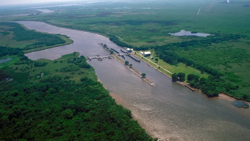 Aerial photo of a river and coastal infrastructure managing water flow to mitigate saltwater intrusion.