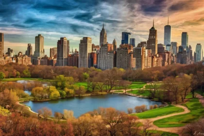 U.S. Cities with the Best Weather – A stunning view of a city skyline with a lush park and serene lake, showcasing ideal climate conditions.