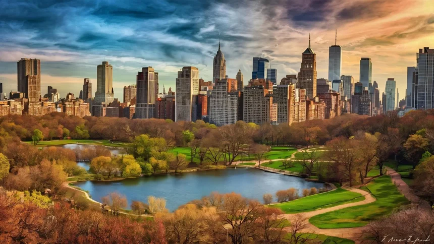 U.S. Cities with the Best Weather – A stunning view of a city skyline with a lush park and serene lake, showcasing ideal climate conditions.