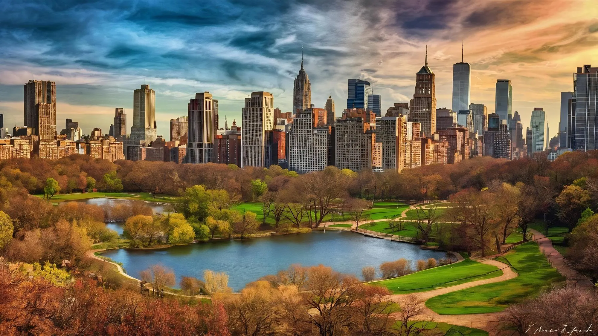 U.S. Cities with the Best Weather – A stunning view of a city skyline with a lush park and serene lake, showcasing ideal climate conditions.