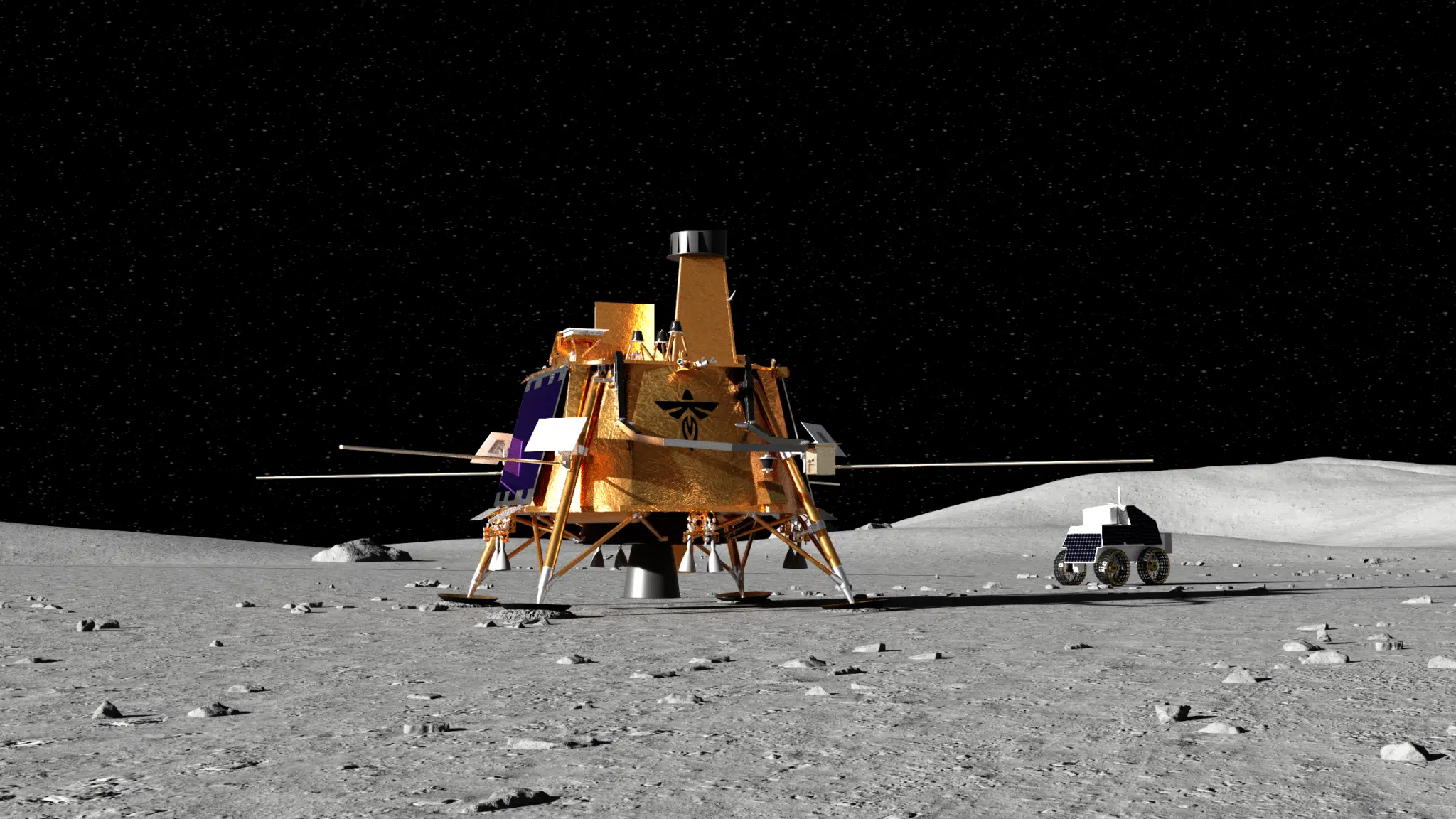 Blue Ghost Lunar Lander on the moon’s surface, conducting scientific exploration as part of Firefly Aerospace’s mission for NASA’s CLPS program.