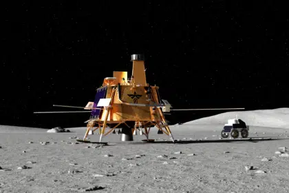 Blue Ghost Lunar Lander on the moon’s surface, conducting scientific exploration as part of Firefly Aerospace’s mission for NASA’s CLPS program.