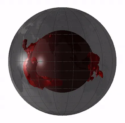 Visualization of Earth's mantle structures highlighting massive low-shear-velocity provinces (LLSVPs) deep beneath Africa and the Pacific.