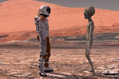 Life on Mars: Astronaut encounters an extraterrestrial on the Martian surface.