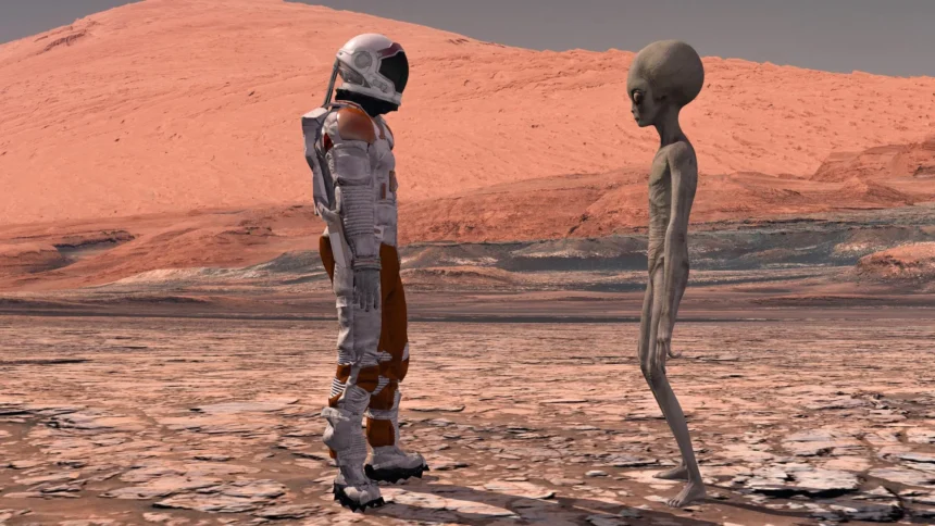 Life on Mars: Astronaut encounters an extraterrestrial on the Martian surface.