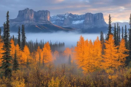 Top 20 Most Beautiful National Forests of America – A breathtaking autumn landscape with golden larch trees, misty valleys, and towering mountains.