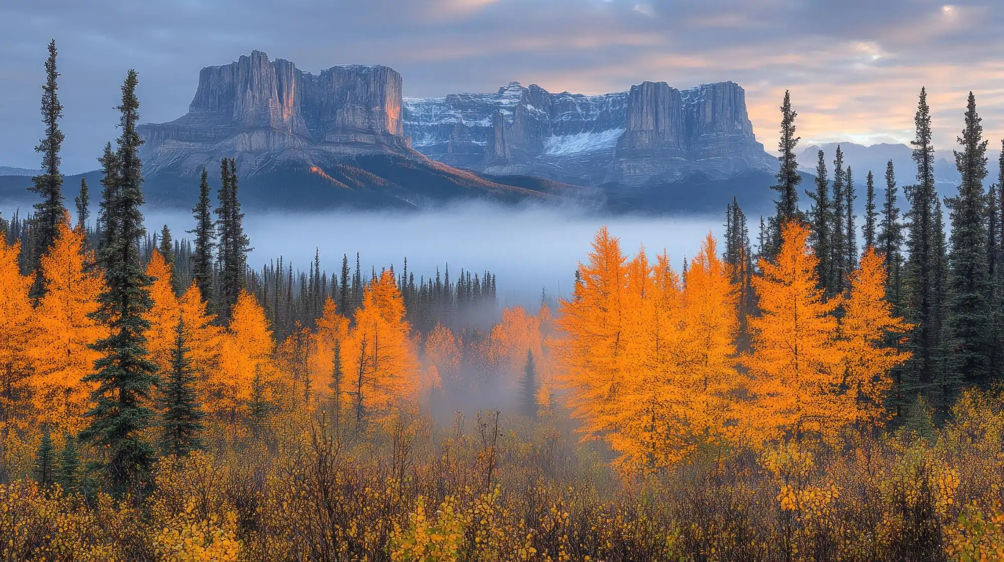 Top 20 Most Beautiful National Forests of America – A breathtaking autumn landscape with golden larch trees, misty valleys, and towering mountains.