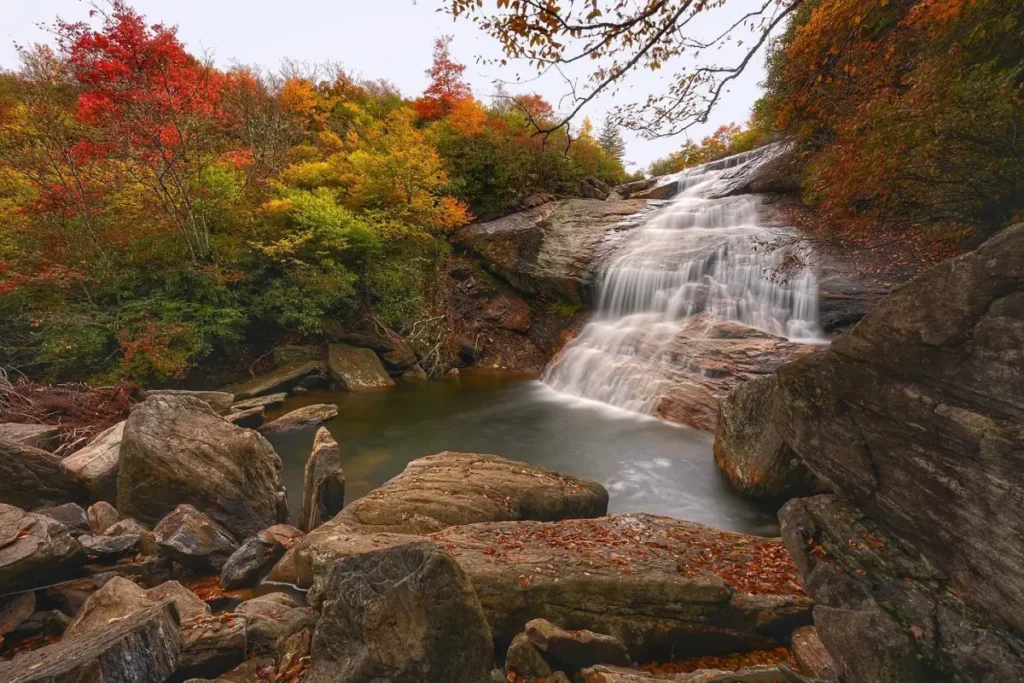 Pisgah National Forest – A stunning autumn landscape with vibrant fall foliage, rolling mountains, and a scenic valley view.