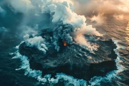 Volcanic Eruption Prediction – A stunning aerial view of an island volcano erupting, sending thick smoke and lava into the ocean.