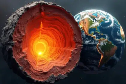 Earth's mantle structures revealed in a stunning cutaway view, showcasing the molten layers beneath the Earth's crust with a glowing core.