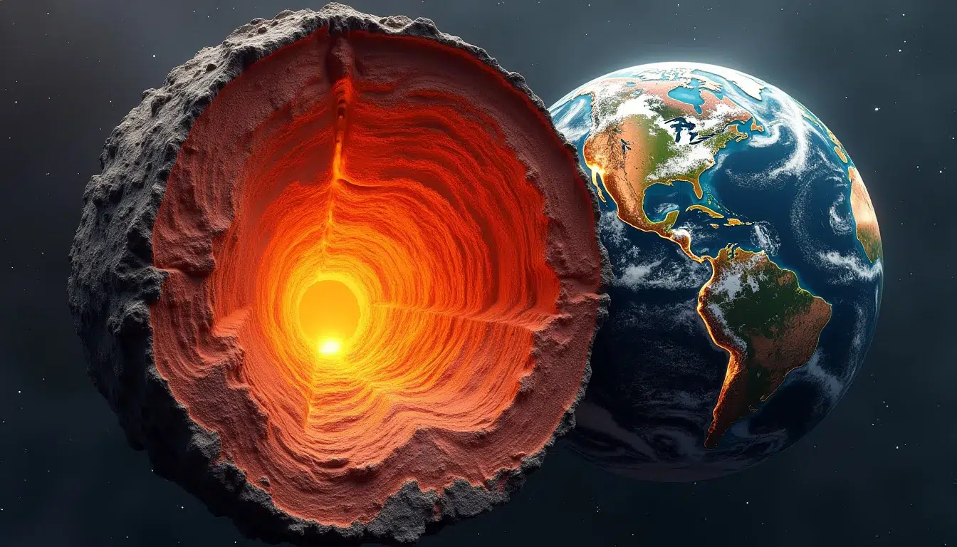 Earth's mantle structures revealed in a stunning cutaway view, showcasing the molten layers beneath the Earth's crust with a glowing core.