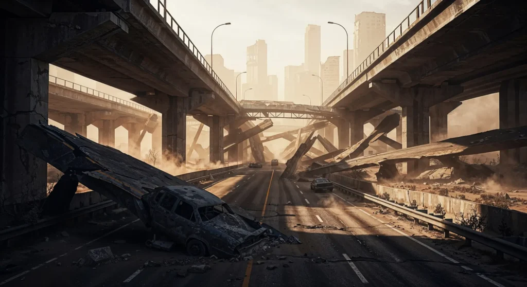 Extreme Heat from the Sun causing Earthquake – A post-apocalyptic cityscape with collapsed highways and destruction caused by seismic activity.